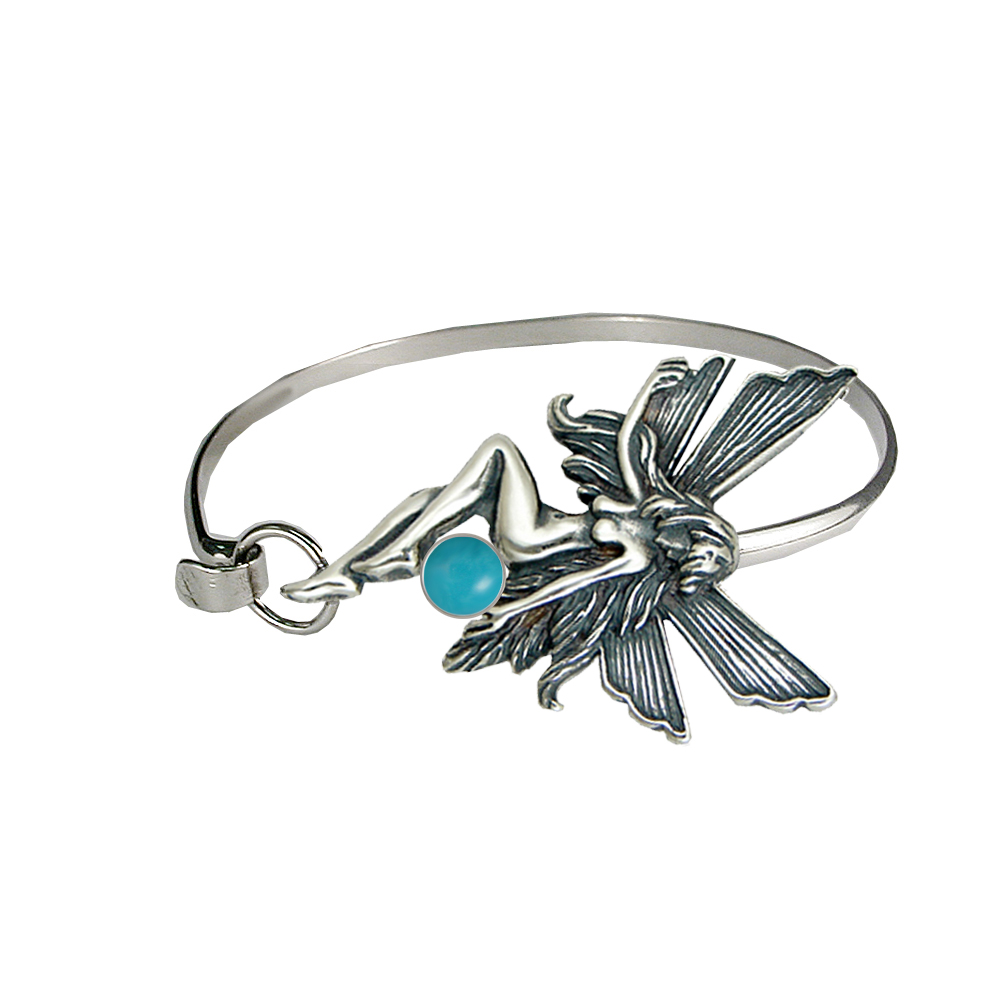 Sterling Silver Fairy Strap Latch Spring Hook Bangle Bracelet With Turquoise